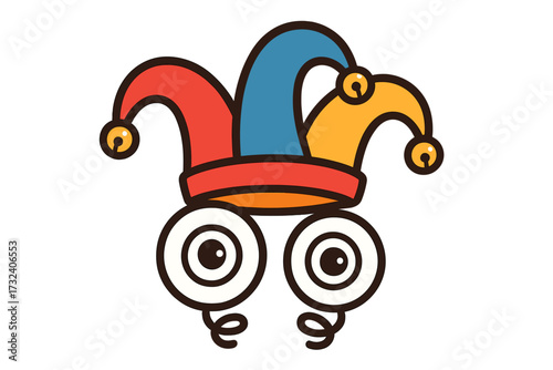 Jester hat with crazy spring eyes for April Fool's Day. Funny joker cap with bells for comedy and pranks. Flat vector cartoon illustration for holiday celebration and humor.