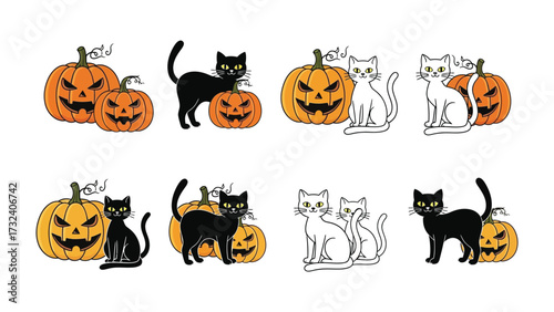 Halloween Trio: A charming scene featuring spooky pumpkins and playful cats, celebrating the spirit of Halloween with whimsical fun and artistic flair.