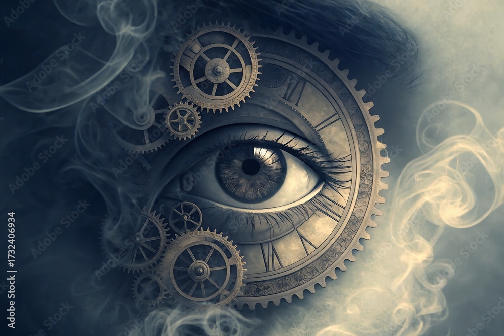 Obraz premium Surreal eye surrounded by clock gears and abstract smoke effects.