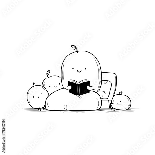 Cute fruit family reading book illustration vector design for kids children education learning story time
