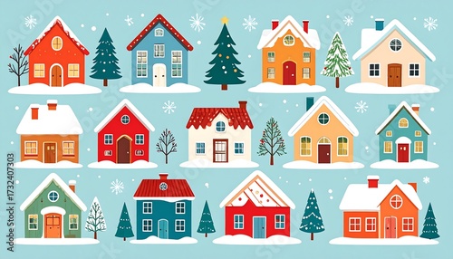 Cute winter houses in snow