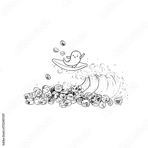 Cute ghost surfing on a wave of pills medical illustration for healthcare and pharmaceutical industry design needs