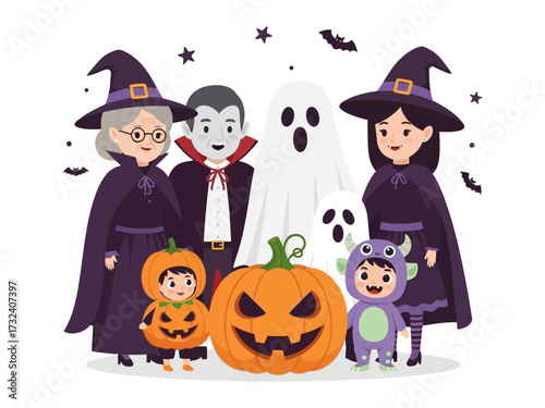 Spooky Gathering: A vibrant illustration captures the spirit of Halloween, showcasing an array of costumed figures, including witches, ghosts, a vampire.