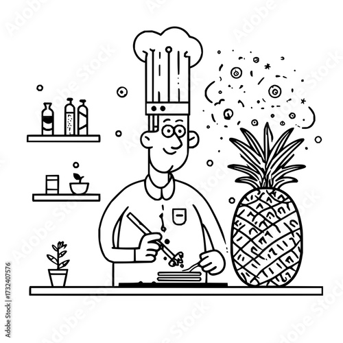 Chef cooking pineapple recipe food preparation culinary arts kitchen gourmet cuisine professional chef uniform 100
