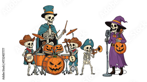 Skeleton Band and Singer for Halloween Fun: A whimsical illustration depicts a skeleton family dressed for Halloween, with skeletons playing instruments and a skeleton witch singing into a microphone.