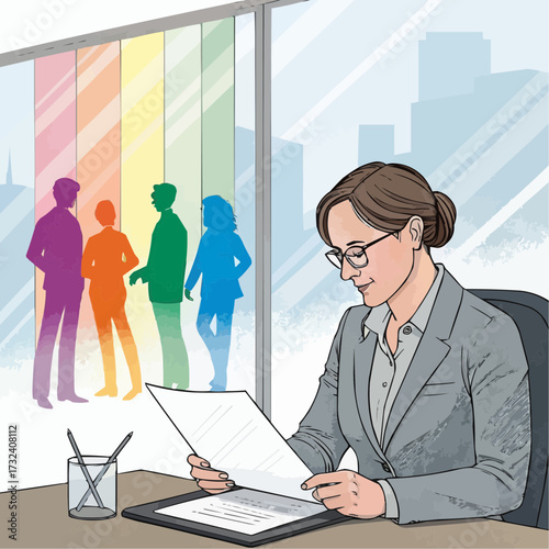 Diverse workplace with woman reviewing documents and colorful figures in background