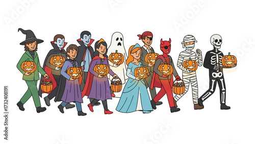 Halloween Costume Parade: A vibrant procession of diverse figures, each donned in creative costumes and holding illuminated jack-o'-lanterns, embodies the spirit of Halloween.