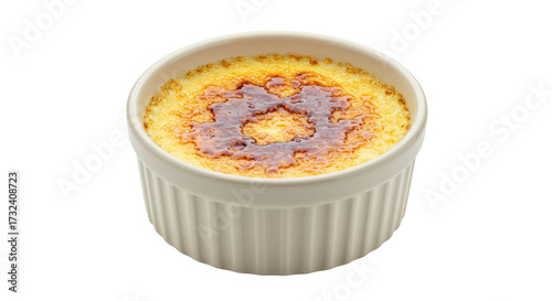 Crème brûlée in a ramekin isolated on transparent background, classic French dessert with caramelized sugar crust, custard treat