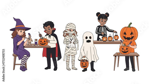 Spooky Halloween Gathering: A playful gathering of children dressed in delightful Halloween costumes. Each child is engrossed in the festive activity of carving jack-o'-lanterns.