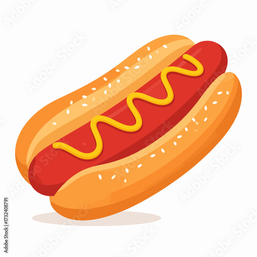 Appetizing illustration of a traditional hot dog, showcasing a grilled frankfurter, vibrant yellow mustard, and a soft sesame seed bun, a popular and iconic fast food staple