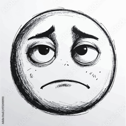 Hand-drawn sketch of a sad and weary face, an emoji-like illustration conveying feelings of melancholy, disappointment, and exhaustion with downcast eyes