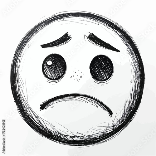 A simple black and white hand-drawn illustration of an unhappy, frowning face, symbolizing feelings of sadness and melancholy