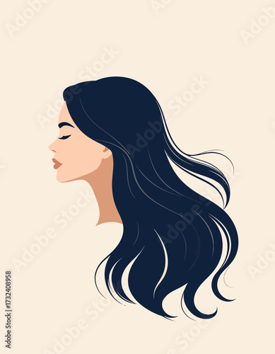 Elegant illustration of a woman's profile with long, dark, flowing hair, exuding serenity and grace on a subtle background, perfect for beauty and wellness themes