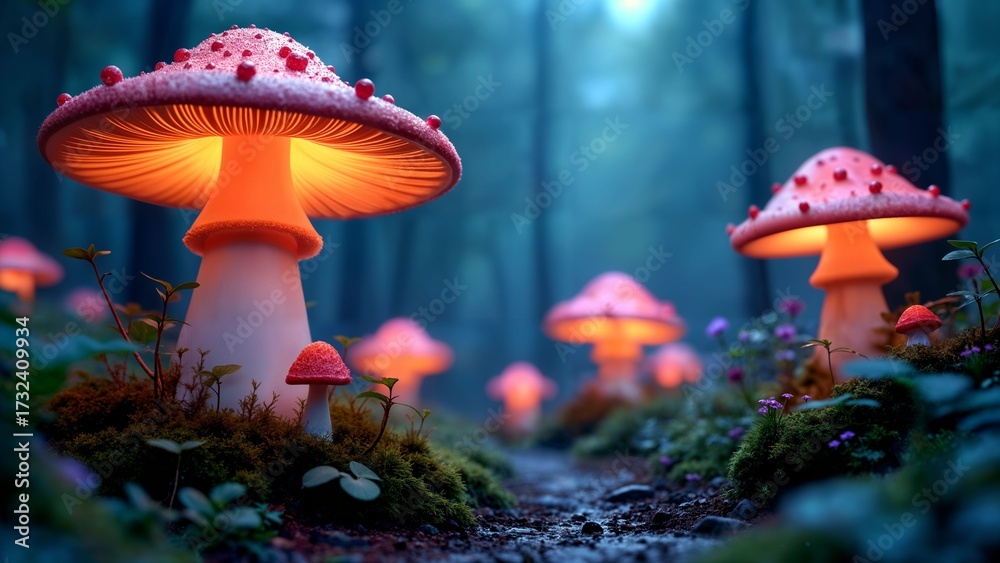 Fototapeta premium Bioluminescent Mushrooms in an Enchanted Forest