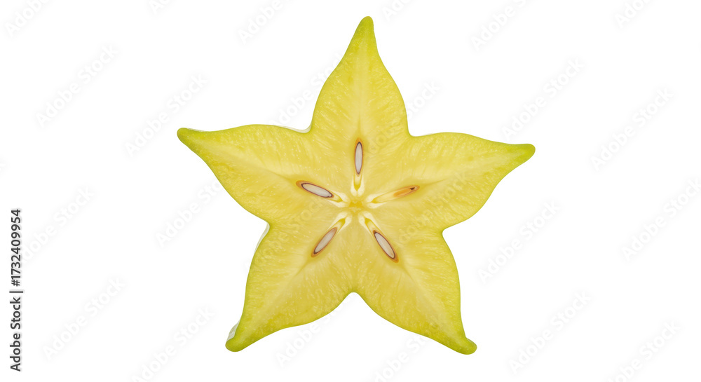 Fototapeta premium Yellow star fruit slice isolated PNG, tropical carambola fruit with seeds on transparent background for healthy eating and exotic food concepts