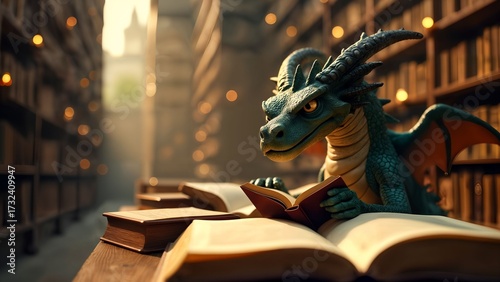 Magical Dragon Librarian in a Surreal Library