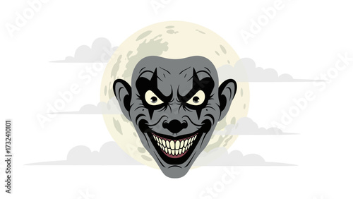 Sinister Smile: A chilling illustration of a menacing clown against a full moon and scattered clouds. It is a study in contrasting emotions, with elements of horror, darkness, and the supernatural.
