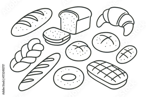Assorted bread and bakery product sketch set. Vector line art illustration of various baked goods like loaf, baguette, croissant, bun, roll. Hand-drawn food icon collection.