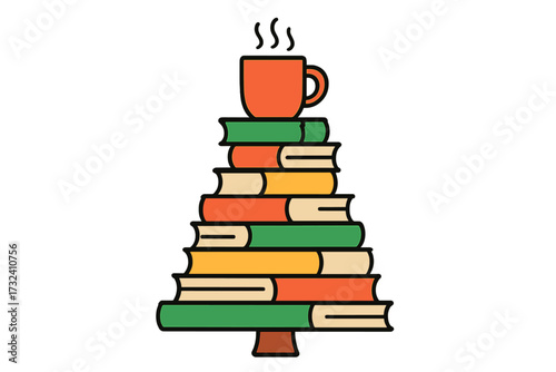 Stack of books in the shape of a Christmas tree with a hot beverage. Concept for book lovers, reading, education. Winter holiday, cozy hygge, library or bookstore symbol.