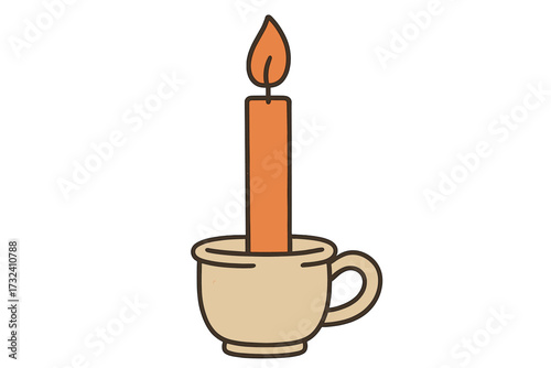 Simple cartoon candle in a cup holder. Vector flat illustration of a burning candle. Isolated doodle element for concepts of warmth, light, hygge, comfort, and celebration.