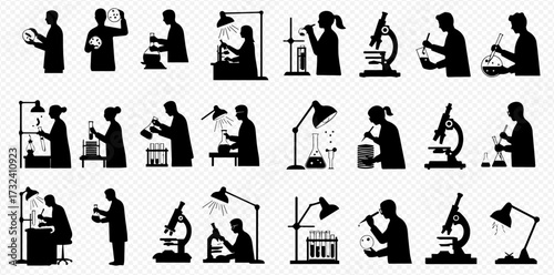 Collection of black silhouettes depicting male and female scientists performing diverse experiments and research activities with laboratory equipment.