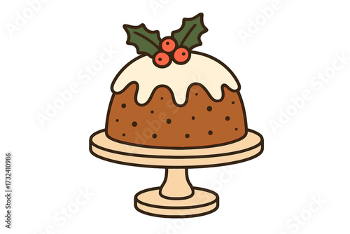 Christmas pudding with glaze on a cake stand, decorated with holly. Festive holiday dessert. Cute hand-drawn flat vector illustration for winter Xmas celebration food concept.