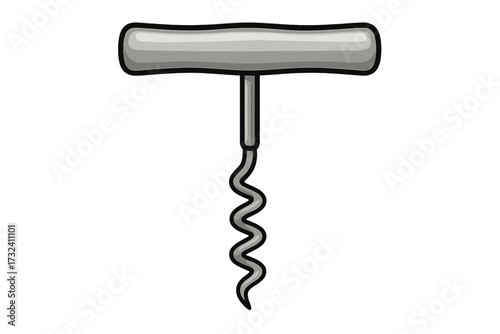 Corkscrew wine opener isolated vector illustration. Metallic handle screw for removing cork from bottle. Bar and restaurant tool for alcoholic beverages. Winery equipment icon.