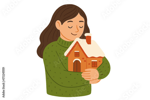 Woman hugging small house. Metaphor for home sweet home, comfort, and safety. Girl in cozy sweater with snowy house. Concept of real estate, property, mortgage, insurance, dream.