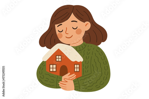 Woman hugging a small house. Concept of home, comfort, and security. Girl holding her dream property. Real estate, mortgage, and insurance metaphor. Warm and cozy feeling.