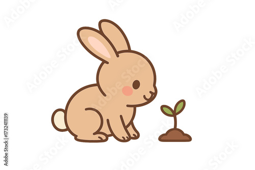 Cute kawaii rabbit watching a new plant sprout. Vector cartoon illustration of a bunny and a seedling. Concept of new life, growth, spring, nature, and beginnings. Isolated.
