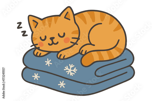 Cute ginger cat sleeping on a cozy winter blanket with snowflakes. Adorable sleepy kitten napping peacefully. Vector cartoon character illustration for Christmas or holiday design.