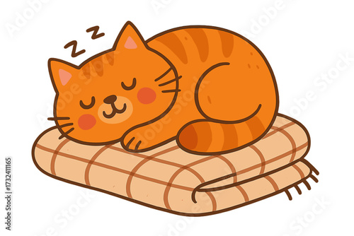 Cute ginger cat sleeping on a cozy plaid blanket. Adorable orange tabby kitten napping peacefully. Vector cartoon illustration of a resting pet animal isolated on white background.