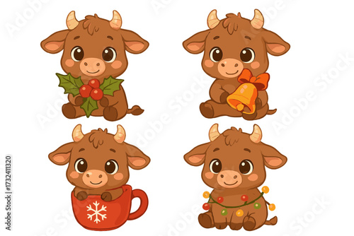 Cute baby cow, bull characters set. Christmas and New Year 2026 symbol of the ox. Adorable calf with holly, bell, in a cup, with light garland. Cartoon vector illustration.
