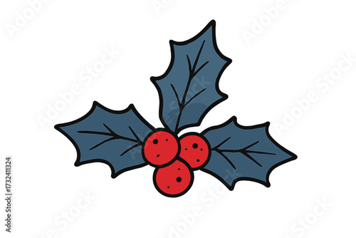 Hand drawn Christmas holly with berries and blue leaves. Isolated vector clipart element. Flat cartoon illustration for winter holidays, festive decoration and seasonal design.