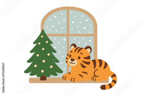 Cute tiger cub on windowsill by Christmas tree, snowy winter scene. New Year greeting card character. Cozy holiday home concept. Cartoon wild animal vector illustration.