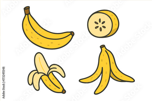 Banana vector clipart set. Hand drawn doodle of whole fruit, peeled banana, slice, and peel. Cartoon flat design icon collection for kids. Healthy food, organic snack.