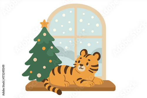 Cute tiger on windowsill with Christmas tree. Year of the Tiger greeting card. Winter holiday vector illustration with cozy animal character looking at snow. December festive scene.
