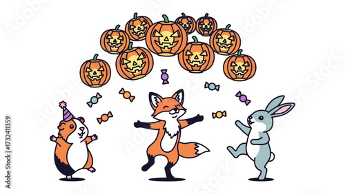 Halloween Carnival: A vibrant illustration captures the spirit of Halloween, featuring an adorable ensemble of animals dancing and rejoicing amidst candy and glowing pumpkins.