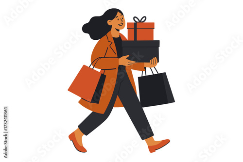 Black Friday sale concept with happy woman shopping. Female shopper character walking with purchases, bags and gift boxes. Modern flat vector for flyer, poster, banner design.