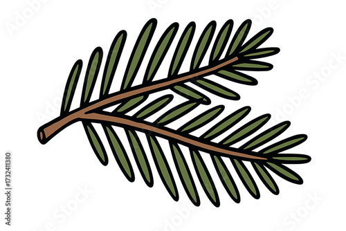 Hand-drawn fir branch illustration. Christmas tree twig vector. Simple cartoon pine needle design element. Isolated botanical evergreen conifer for winter holiday decoration.