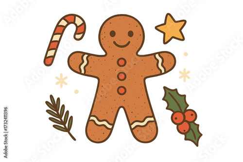 Hand drawn gingerbread man vector. Christmas holiday elements set. Cute cartoon cookie, candy cane, star, holly, winter decoration. Festive New Year illustration.