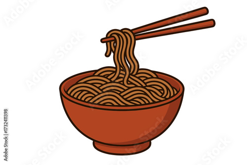 Soba buckwheat noodles in a bowl with chopsticks. Japanese food concept. Asian cuisine, ramen, wan mian. Traditional meal. Isolated vector cartoon illustration side view.