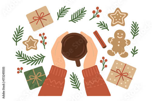 Cozy Christmas and New Year flat lay concept. Hands in a sweater holding a hot coffee mug surrounded by gifts, gingerbread cookies, and fir branches. Top view vector.
