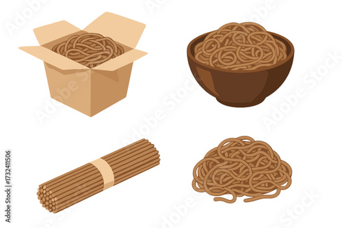 Buckwheat soba noodle set vector illustration. Asian food collection with dry pasta, cooked noodles in a bowl and a takeout delivery box. Japanese meal flat cartoon icon.