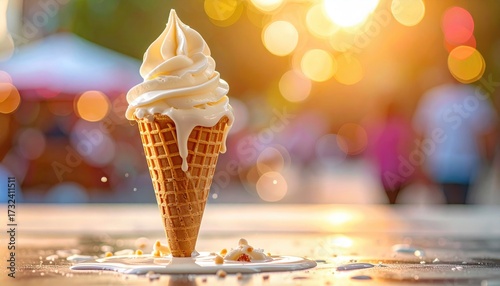 Close up Creamy Soft Serve Ice Cream Cone Melting on Glossy Surface with Blurred Bokeh Background at Sunset