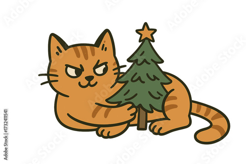 Funny Christmas cat concept. Naughty ginger kitten hugging a small Xmas tree. Mischievous pet character with a sly expression. Bad animal behavior. Isolated vector cartoon.