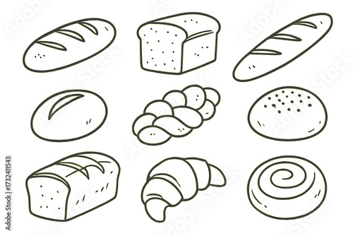 Hand drawn bread collection. Linear doodle set of various flour products. Bakery food sketch icons including loaf, baguette, croissant, challah, buns. Freehand line art vector.