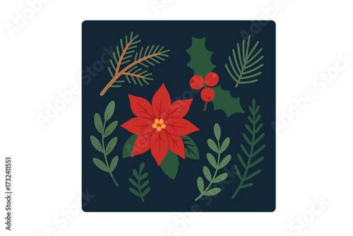 Christmas winter plants set for holiday greeting card. Vector flat illustration of poinsettia, holly berry, spruce branch. Botanical floral design elements, traditional symbols.