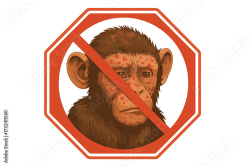 Stop monkeypox virus concept. Warning sign with sad sick monkey. Animal disease outbreak. Prohibition of monkey pox epidemic or pandemic. Health alert vector illustration.