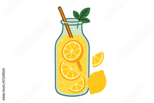 Lemonade in a vintage glass bottle, a cool summer drink. Cartoon fruit juicy fresh citrus cocktail. Lemon squash with slices and mint. Flat hand drawn vector illustration.